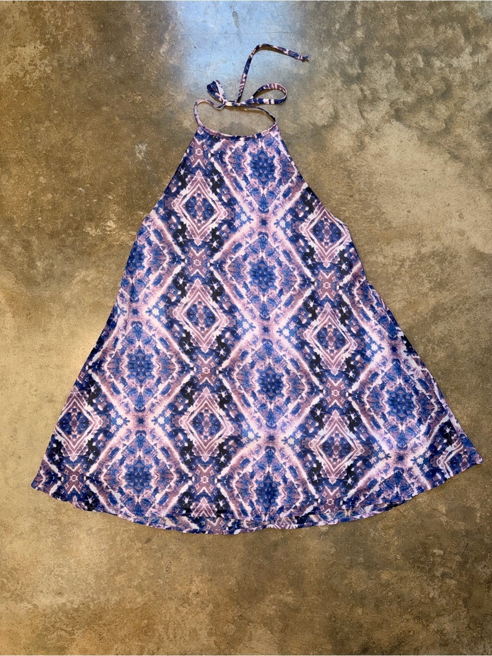 Blue Purple Boho Halter Dress Backless Swing Mini Dress Women’s Small